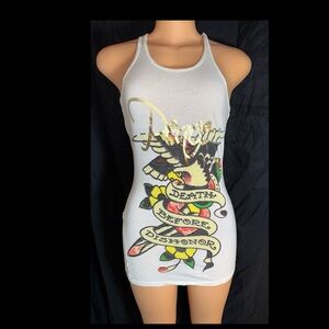 Ed Hardy White Yellow Graphic Fitted Tank Top